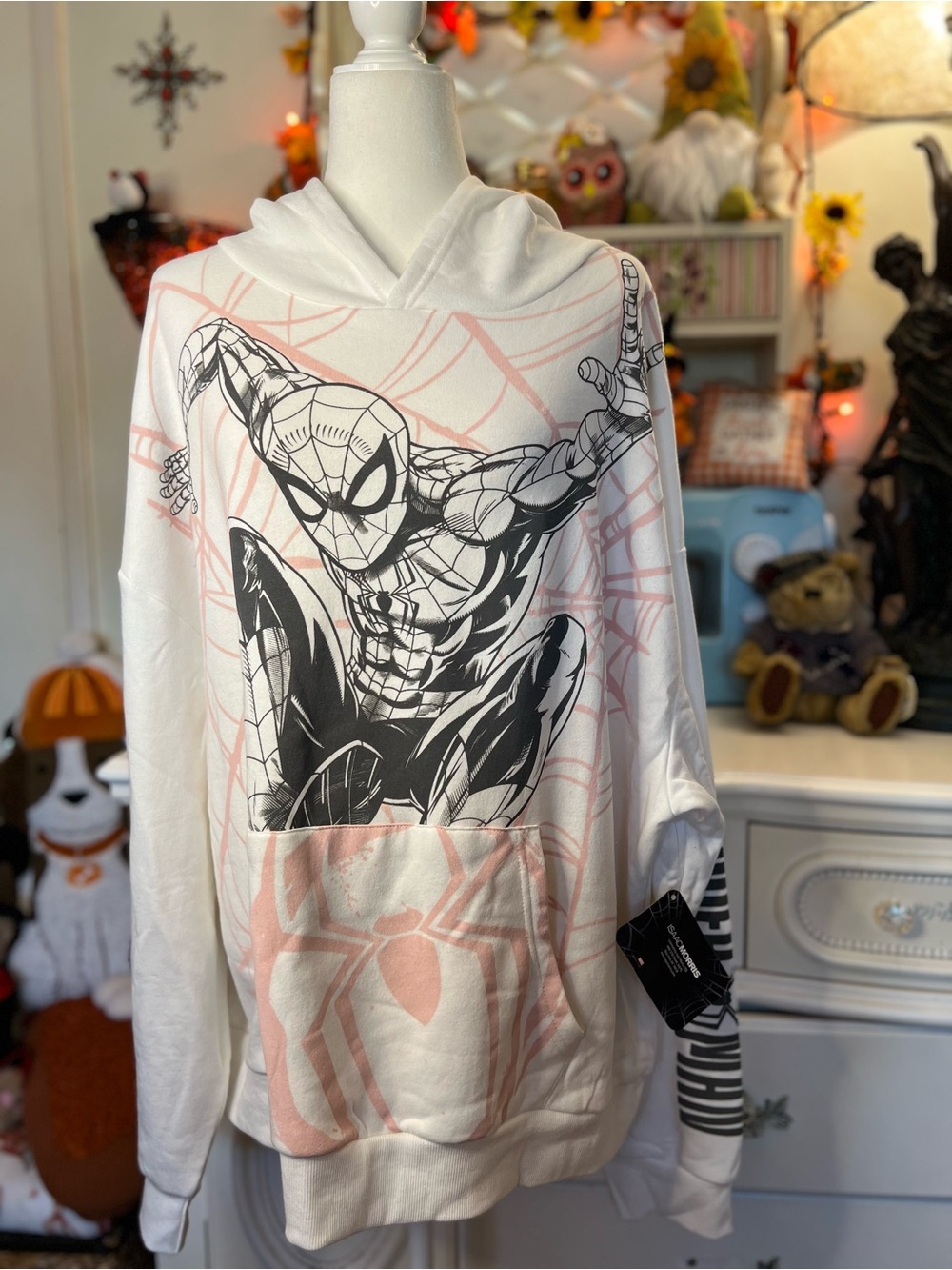 Spiderman White Hoodie with Black Graphic and Pale Pink Web Accents